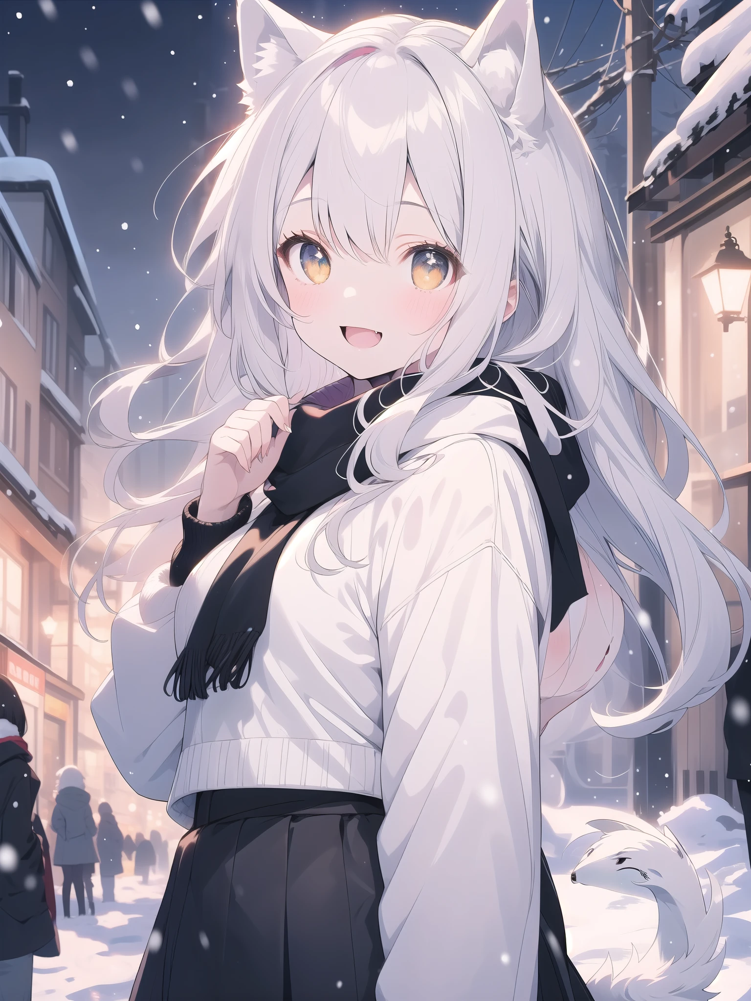 ((Blurred)),(Pale colors),Golden Ratio,white hair, dog ears, sparkle, film grain, uhd, masterpiece, super detail, high details, high quality, highres, best quality, 4K,claw pose,upper body,fang,:d,aran sweater,Samoyed girl、Samoyed,Fluffy clothes、cute、Background of the snow country,((dog tail)),Fluffy scarf,Snow is falling,Light production、Street lights illuminate,Beautiful night view