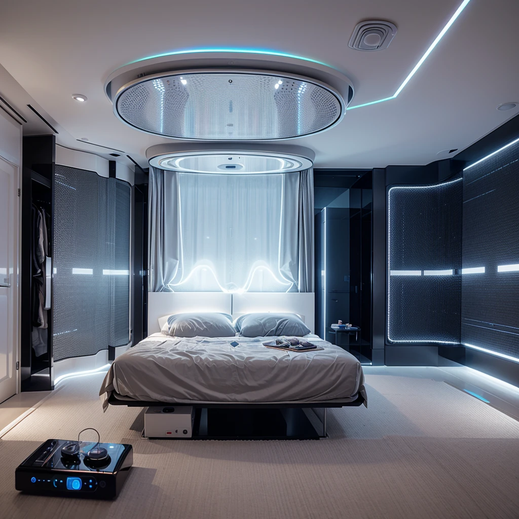 Develop a futuristic bedroom design with a floating bed, a holographic display, and a smart home system controlled by voice commands.