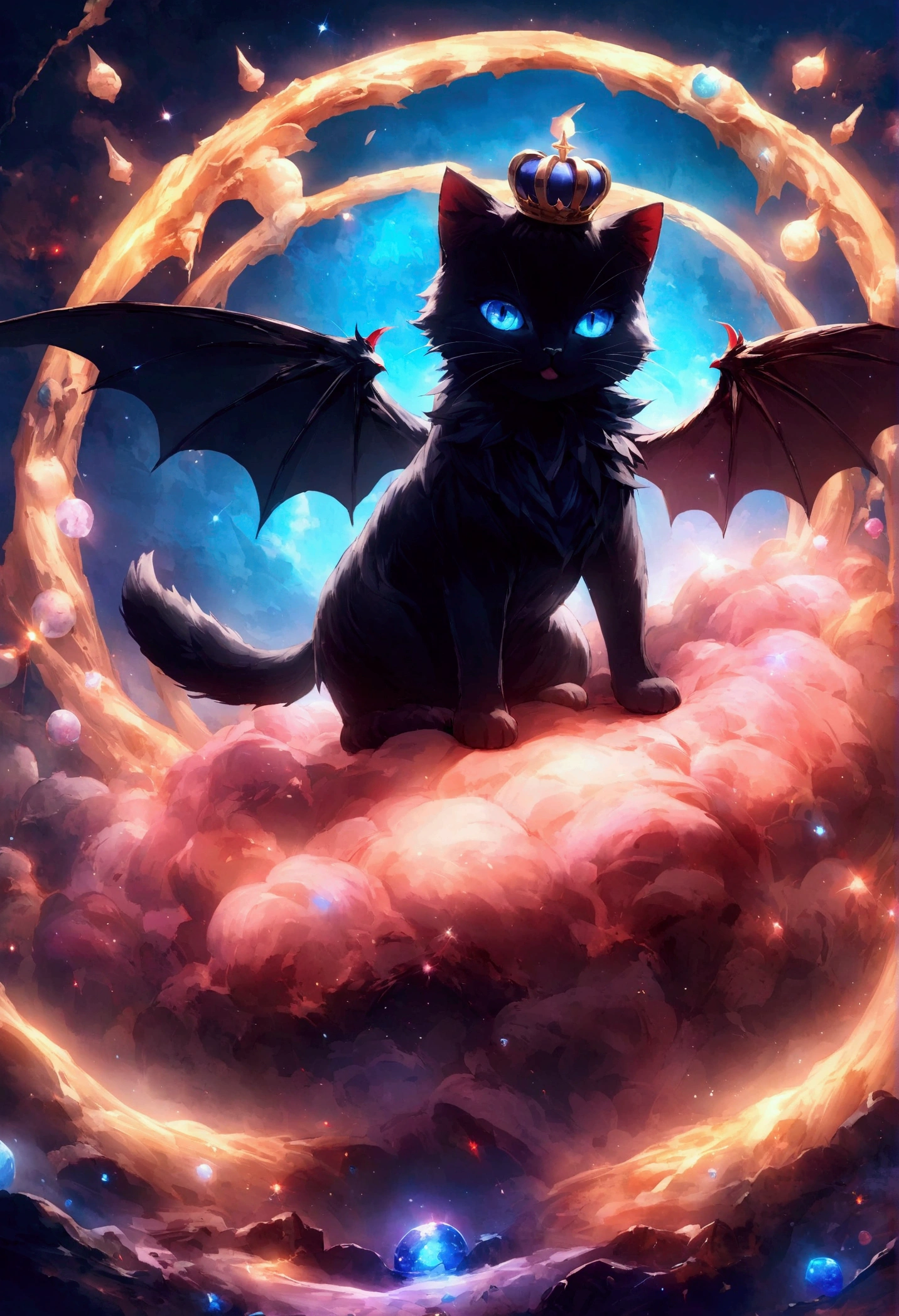 Black and white tabby cat、beautiful蓝眼睛的猫、Pink crown、白色和发白Light的天使翅膀、强Light、return々s face、beautiful、Blue Moon、大量蓝Light、Fantasy White Cat,Face close-up enhancement,AmbiLight,Bright and colorful,black background,haze,Detailed description,Rich details,Explosion of imagination,Surrealism,Ultra-realistic,masterpiece,8K,Light,Tyndall effect