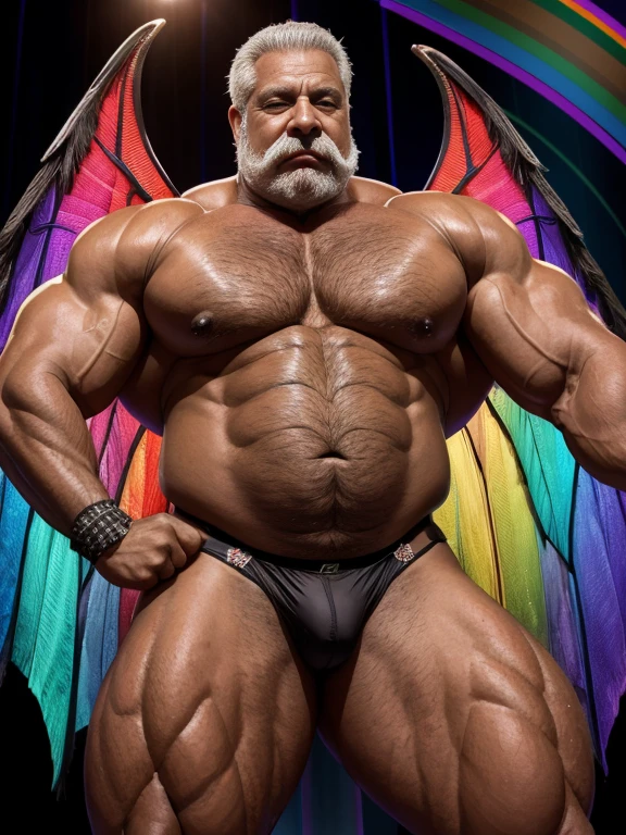 Hyperrealistic image of an African American superhero burlesque dancer with two huge symmetrical rainbow wings very old and very sweaty gray-haired bodybuilder over 80 years old very muscular and fat, more than 200 kilos with a naked torso., large and flaccid pectorals. brown nipples and big gray mustaches with huge tattooed arms dressed in black lace underwear on the stage of a burlesque