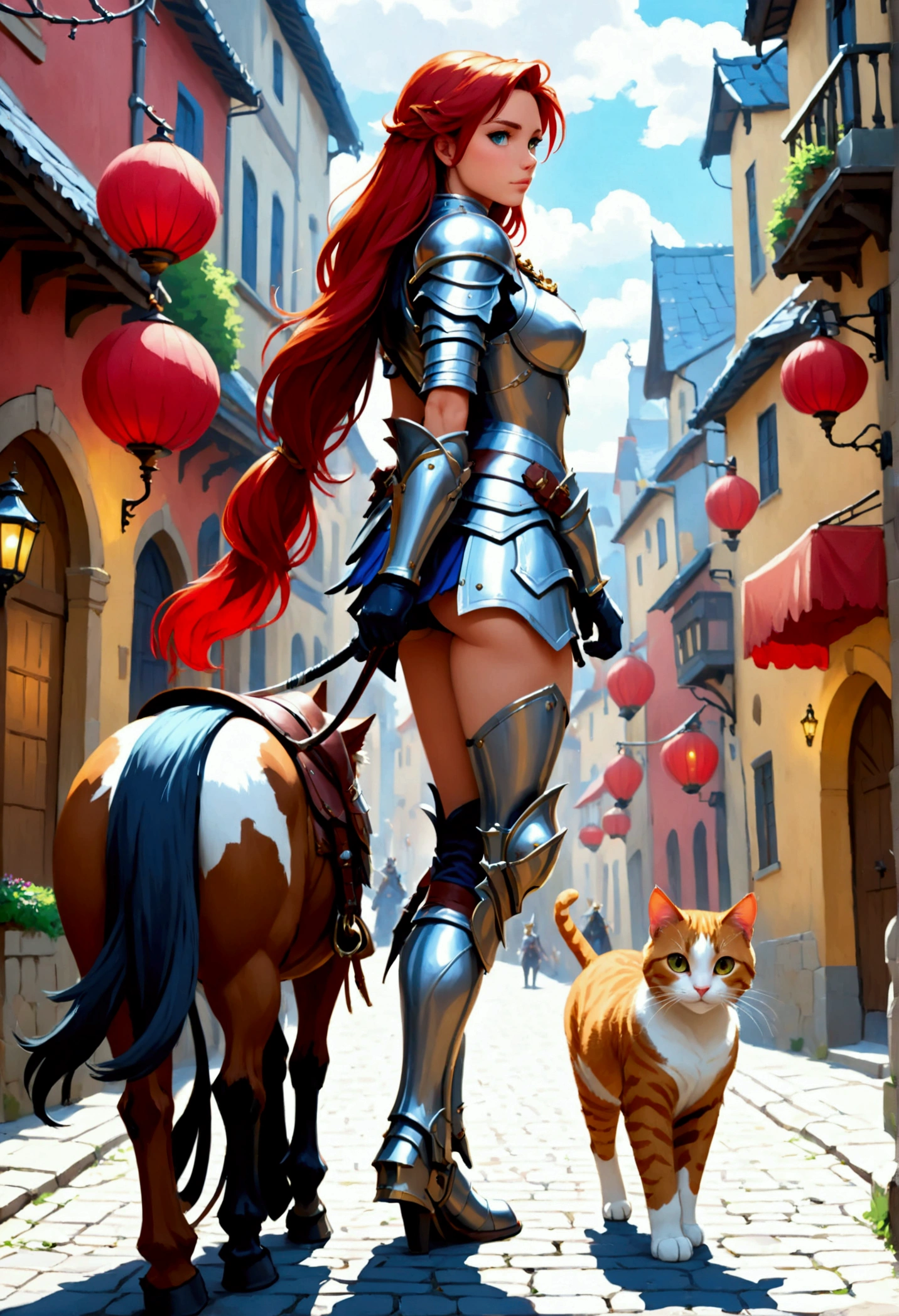 arafed a picture of knight with her  ((huge cat: 1.3)) walking near her in  fantasy street, an ((cat big as a horse)), the cat is wearing armor ready for battle, dynamic color cat BREAK a human knight, full body, ((anatomically correct: 1.5)  walking near him, female knight, red hair, long hair, hair in a pony tail, wearing knight's armor, decorated armor,  high heeled boots,  Hyperrealism style, vibrant, Ultra-high resolution, High Contrast, (masterpiece:1.5), highest quality, Best aesthetics), best details, best quality, highres, ultra wide angle, 16k, [ultra detailed], masterpiece, best quality, (extremely detailed) RAW, ArmoredDress