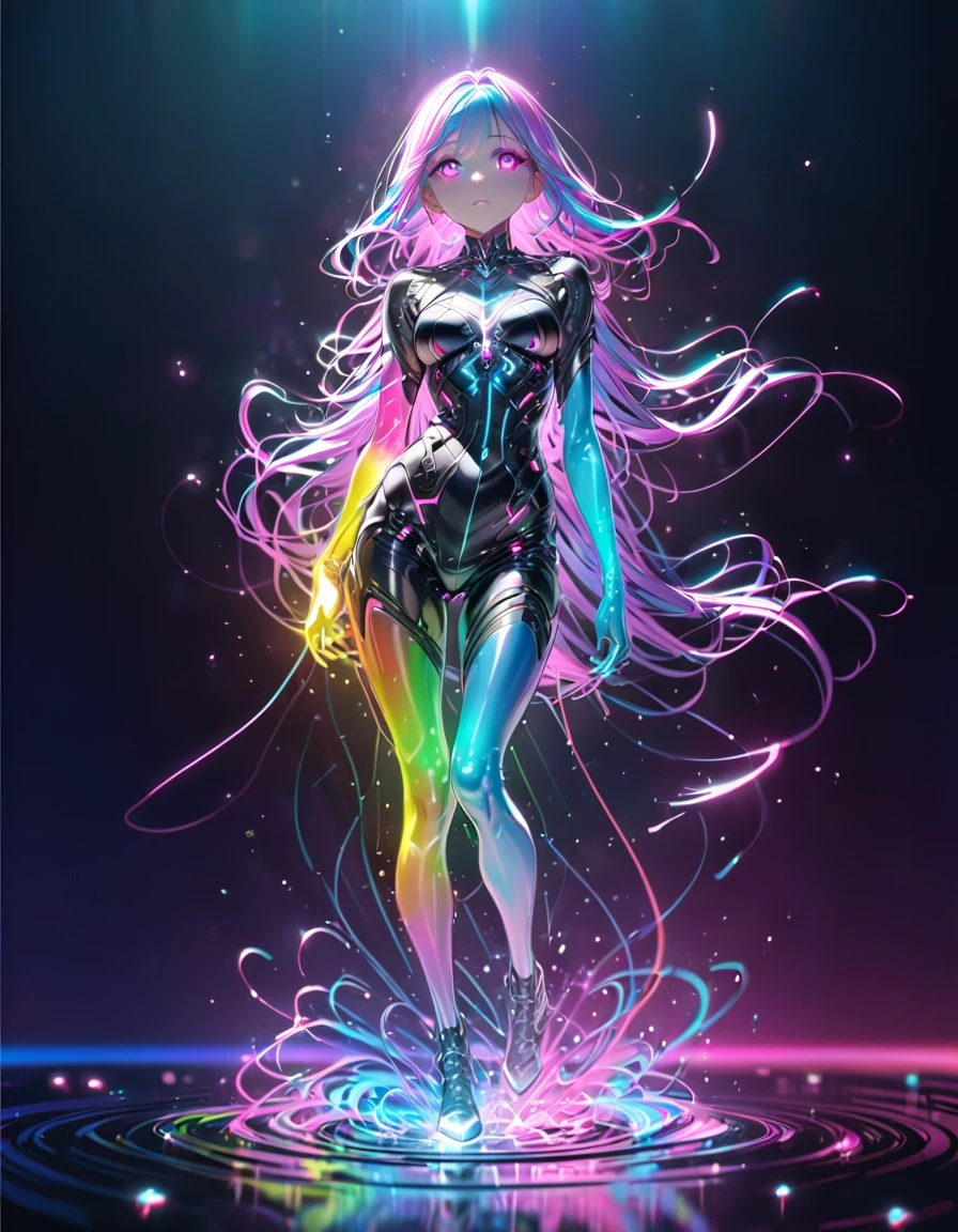 Ultra-Realistic Capture,18k,RAW Photos,Highest quality,masterpiece,reality,Very detailed,Live Action,Very beautiful woman,Android,cyborg,cyber-,(((full body:2.0))),((Very detailedな電子機器)),((Skin that clearly shows the internal electronics)),headgear,Very thin connecting wire,Full-body connection lines,Wet body,Fully transparent rainbow skin,Wet long messy hair,Advanced AI,neon,Small glowing LED light,future,Glowing Skin,Big eyes,Long eyelashes,movie,Angel,,In the water,barefoot,