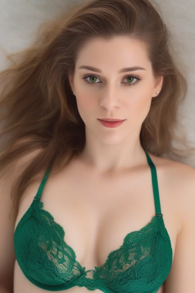 (From a birds-eye, above perspective), woman wearing a lingerie, long hair, hyper realistic, 4k, masterpiece, beautiful, headshot, cleavage, green lace bra, pale skin, fair skin, smirk, looking up at viewer