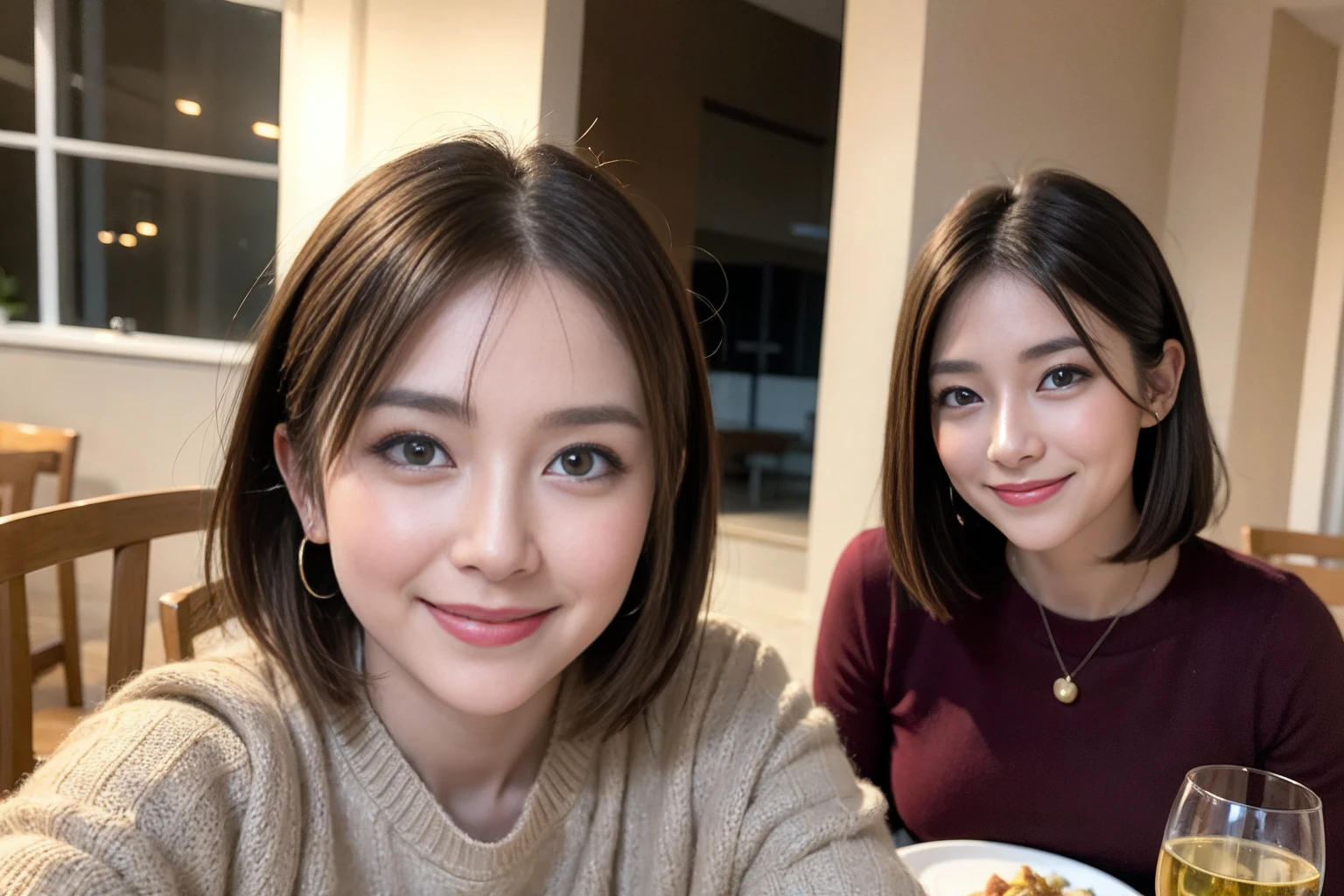 (Realistic:1.2),(masterpiece,Highest quality),8k,((men and women)),Age 35,37 years old、最高のsmile、Happy Couple, Full course dinner at the table、Wine Party、wine glass、White wine、sparkling wine、red wine、Upper Body、Tight waist,Perfect Anatomy, Brown Hair, short hair,Random Hairstyles,Amazing view of the sunset sky and clouds、Long sleeve shirt、dress,((Highly detailed face and eyes:1.2))(Cute Face:1.4),Beautiful actress face,Perfect golden ratio face,woman'suit、Nice,(smile:1.2)、
