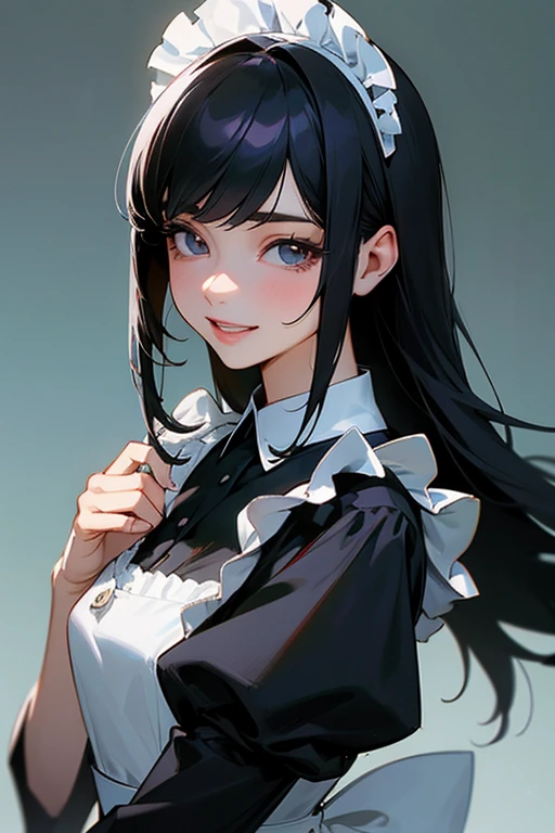 (Highest Resolution, clear_image) Highest quality, single, One woman, alone, masterpiece, Very detailed, Semi-realistic, Black Hairのショートヘア, Black Hair, bangs, 18-year-old, mature, Light blue , Indoor Background, kind, Authoritative, Powerful, exquisite features, exquisite features、Eyelashes become longer、Showing teeth、smile😀、Maid clothes、woman'Fingers in the、((Eating watermelon)).