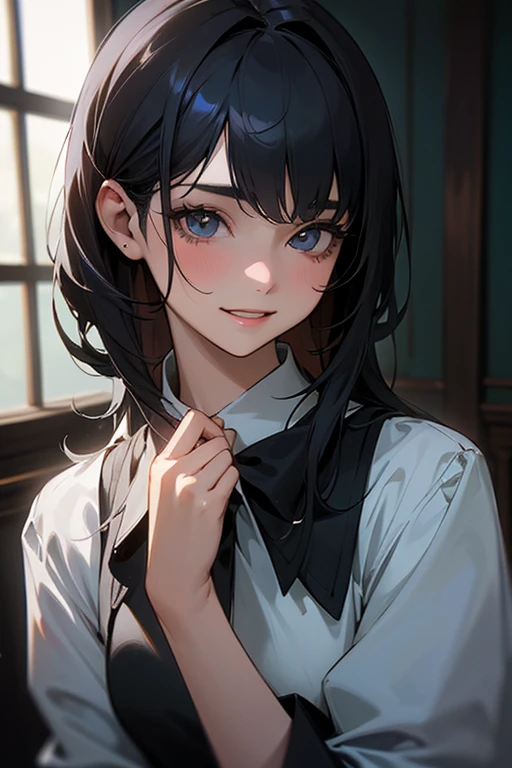 (Highest Resolution, clear_image) Highest quality, single, One woman, alone, masterpiece, Very detailed, Semi-realistic, Black Hairのショートヘア, Black Hair, bangs, 18-year-old, mature, Light blue , Indoor Background, kind, Authoritative, Powerful, exquisite features, exquisite features、Eyelashes become longer、Showing teeth、smile😀、Maid clothes、woman&#39;Fingers in the、((Eating watermelon)).