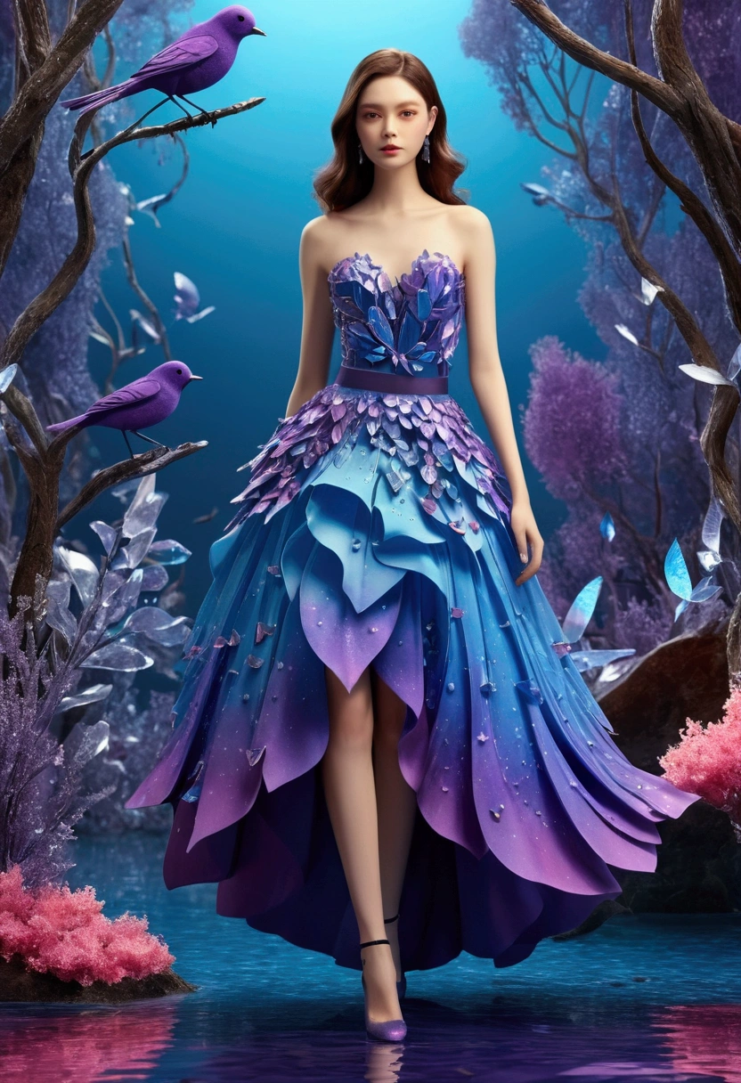 clothing design. Butterfly "Night Pearl" - the main inspiration. Color: blue, purple with pink. Shaped like a skirt. Design style: sci-fi, Upscale and modern. The texture of the clothes is three-dimensional silk light texture. The screen design is an image of the entire runway costume design. The catwalk scene is presented in the background. It has the texture of three-dimensional transparent glass crystals. Among them is bright surface water. Colorful plants. Huge trees and bright birds. C4D Design, Design Tools.