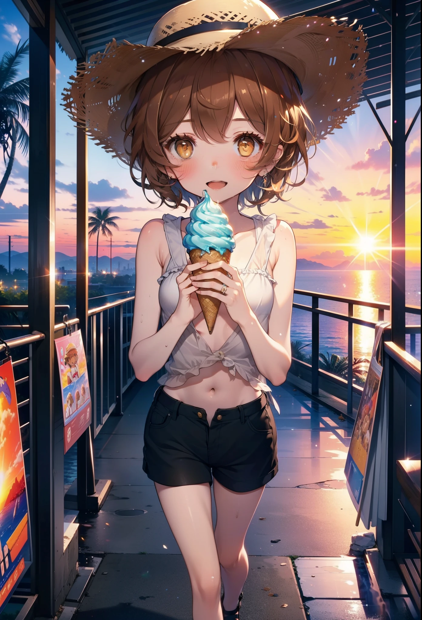 Lililukarde, Liliruka gets burned, , (Brown eyes:1.7), Brown Hair, (Flat Chest:1.2), smile,blush,Open your mouth,Straw hat,short hair,Brown tank top,Shorts,Holding ice cream in both hands,Heeled Sandals,Walking,sunset,evening,The sun is setting,whole bodyがイラストに入るように,
break looking at viewer,whole body, 
break outdoors, Building district,Palm tree,Tropical,
break (masterpiece:1.2), Highest quality, High resolution, unity 8k wallpaper, (figure:0.8), (Beautiful attention to detail:1.6), Highly detailed face, Perfect lighting, Highly detailed CG, (Perfect hands, Perfect Anatomy),