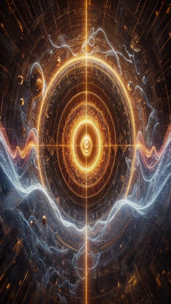 a very real image. Alpha and omega frequency. in silver and gold colors. Photorealism, full view, highly detailed image, highly realistic, hyperrealism, cinematography, Ultra HD, 8k, Unreal Engine 5, sharp focus, intricate and mysterious masterpiece. (Long exposure photography Highly detailed, close-up portrait art illustration: final quality medium shot, backlit, rich and eye-catching. Enigmatic and mysterious manipulations (rule of thirds composition), ((detailed environment with lines strong), Better quality, in camera, white light, warm and clean aesthetics, dazzling screen composed of millions of bright ultraviolet lights, HDR.