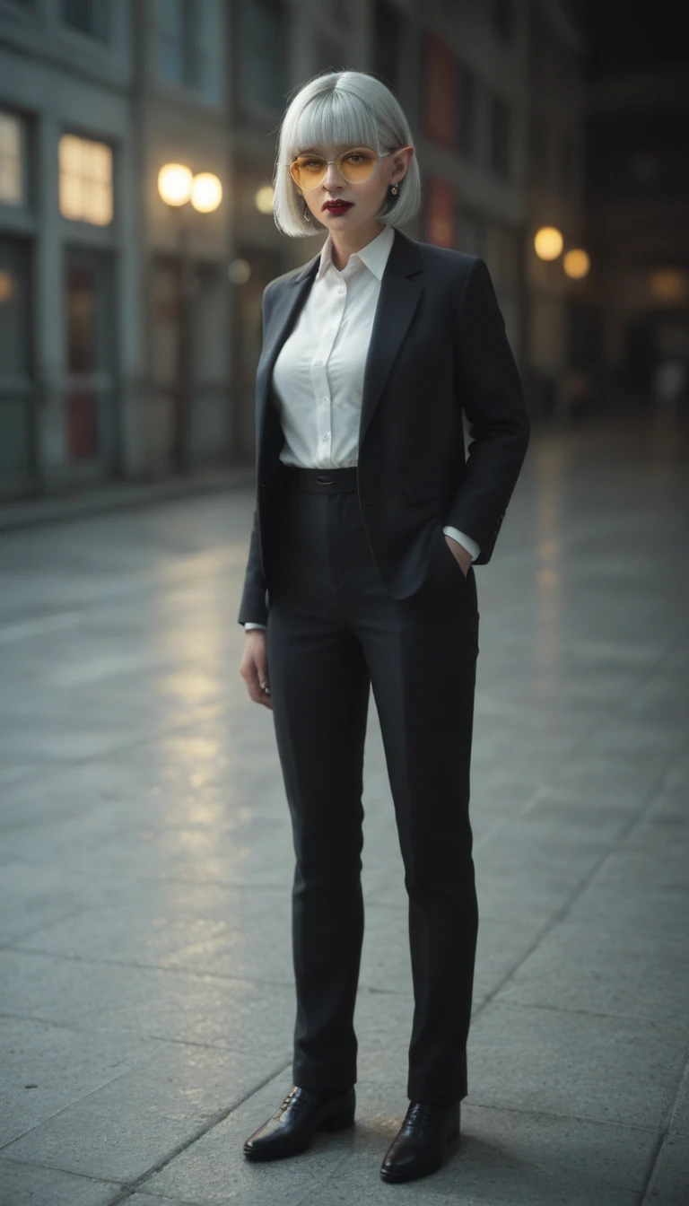 (zPDXL2), score_9, score_8_up, score_7_up, source_anime, 2d, 

1girl, solo, 1girl, portrait, precise, full body, finely detail, depth of field, shine, highres, original, perfect lighting, colorful, centered, realistic face, photorealism, (white business suit and trousers, jacket, tuxedo, platinum hair, bob cut, ring earrings, red lipstick), (pointy ears, pointy teeth, sharp teeth), blunt bangs, (breasts), (glasses, sunglasses, round tinted yellow glasses)

AissistXLv2, unaestheticXL_bp5, SimplePositiveXLv2, zPDXL2 PonyXLV6_Scores