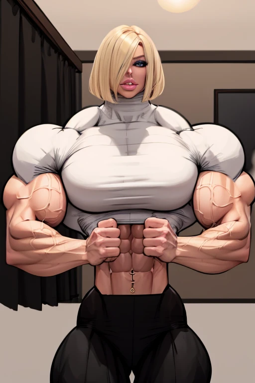 coloured sketch, beautiful woman, blonde bob haircut, turtleneck sweater, long baggy pants, strong well defined muscle, bulky powerful bodybuilder physique, massive muscular arms, perfect and flawless musculature, great muscle definition, perfect muscular body, massive muscular thighs, female muscle juggernaut