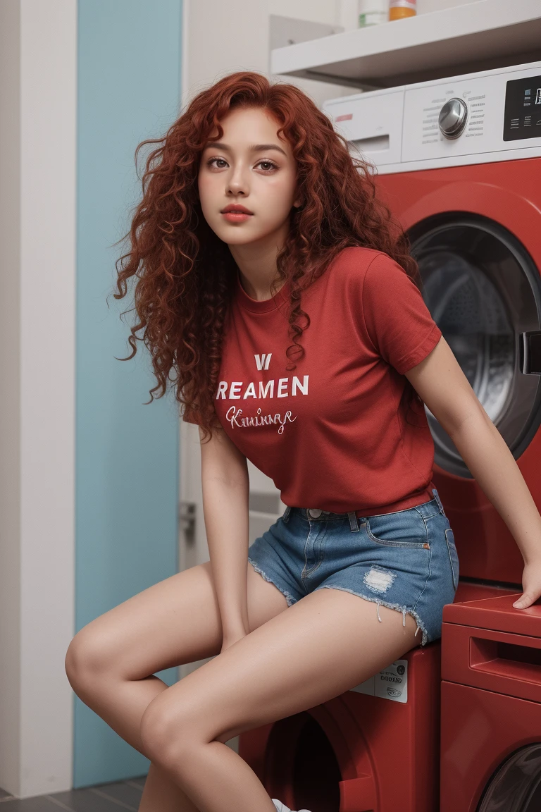 (Kizi:1.2),standing alone, (long red and curly hair:1.1), eyes browns, Sit on a washing machine, blue shorts, Red shirt, cross legs,CRU,photographic,photo shadows,real,Ridiculous,aesthetics,chic