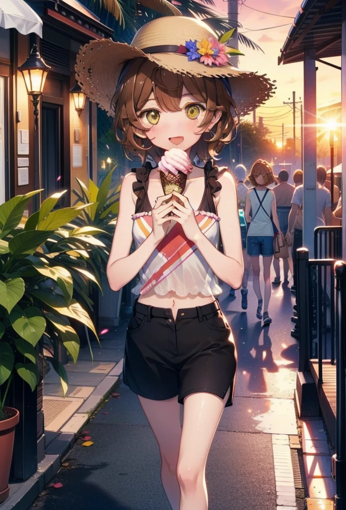 Lililukarde, Liliruka gets burned, , (Brown eyes:1.7), Brown Hair, (Flat Chest:1.2), smile,blush,Open your mouth,Straw hat,short hair,Brown tank top,Shorts,Holding ice cream in both hands,Heeled Sandals,Walking,sunset,evening,The sun is setting,whole bodyがイラストに入るように,
break looking at viewer,whole body, 
break outdoors, Building district,Palm tree,Tropical,
break (masterpiece:1.2), Highest quality, High resolution, unity 8k wallpaper, (figure:0.8), (Beautiful attention to detail:1.6), Highly detailed face, Perfect lighting, Highly detailed CG, (Perfect hands, Perfect Anatomy),