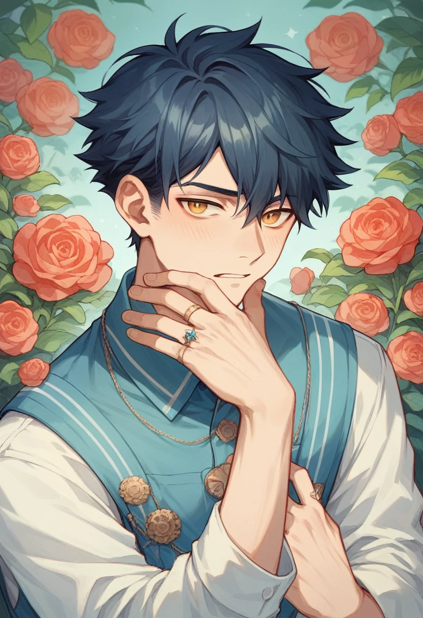 Male
Half white half black hair with red tips on the bangs and other places
Left eye - indigo and violet
Right eye - Blue with a ring in , with a ultramarine blue colour inside
Light blue kimononwith a flower patterned haroi