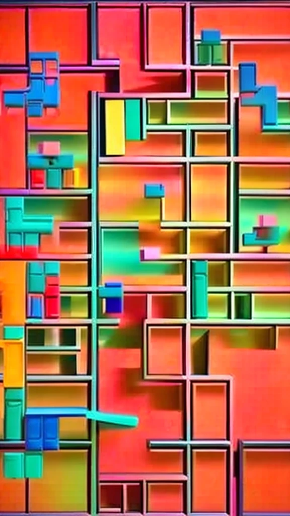 falling multi-colored (((Tetris figures))). Each figure has its own color. Against the background of abstraction. (((not hi-tech))).