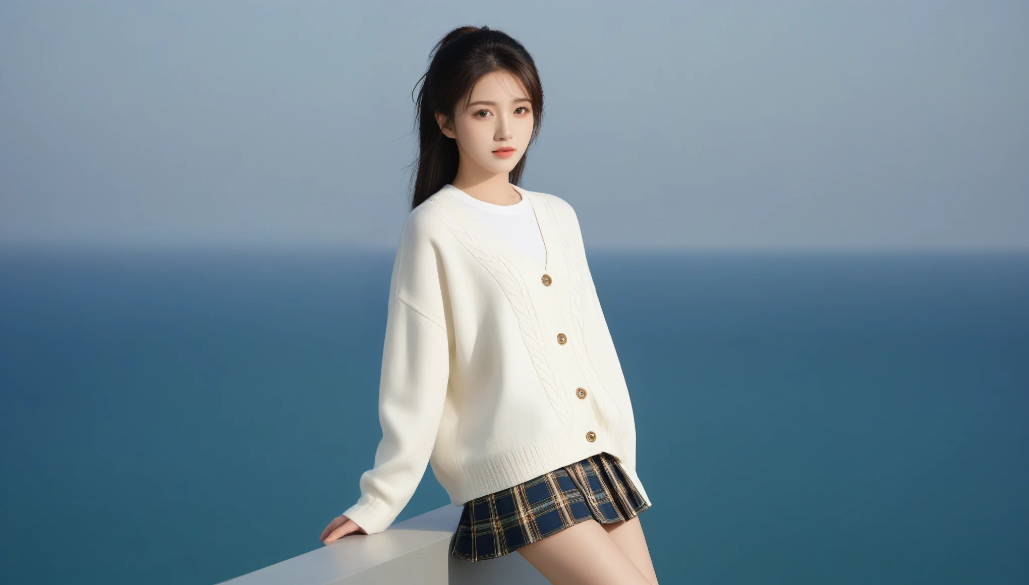 8k, Ultra-high resolution, Highest quality, masterpiece, 三分割法によるphotograph,Surreal, photograph, 1 Girl, (16 years old:1.3), pretty girl, Cute Face, Beautiful eyes in every detail, 細かくdetailedに,masterpiece,One Girl:1.2, Japan Female Announcer,whole body,from below,Fearful expression,Black Hair,Messy hair,Cyber city of the near future,Wearing a cardigan sweater on your back、A girl alone in the middle of the road, Tartan check pencil skirt, White knee-high socks and black shoes,Beautiful leg line beauty,Realistic Skin, Perfect and beautiful face ,完璧でCute Face, Skin with attention to detail, Perfect limbs、Narrow waist、Thin legs),Looking at the audience、beauty,Long neck、(((Ideal body type))),A cup small breasts :2,Portraiture:2,Perfect Anatomy,鮮明なdetailed,detailed,Surreal,Light and shadow,darkness