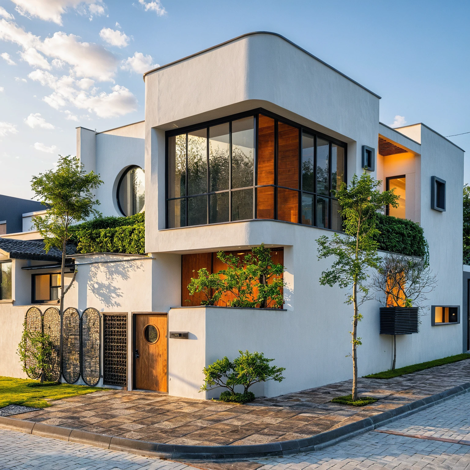 Masterpiece, high quality, best quality, authentic, super detailed, outdoor, aiaigroup, modern townhouse style, stairs, white wall combined with wood, wind encaustic tiles, iron gate, conwood ceiling, flowers, path, summer evening, grass, trees, sky, clouds, (daylight: 1.1)