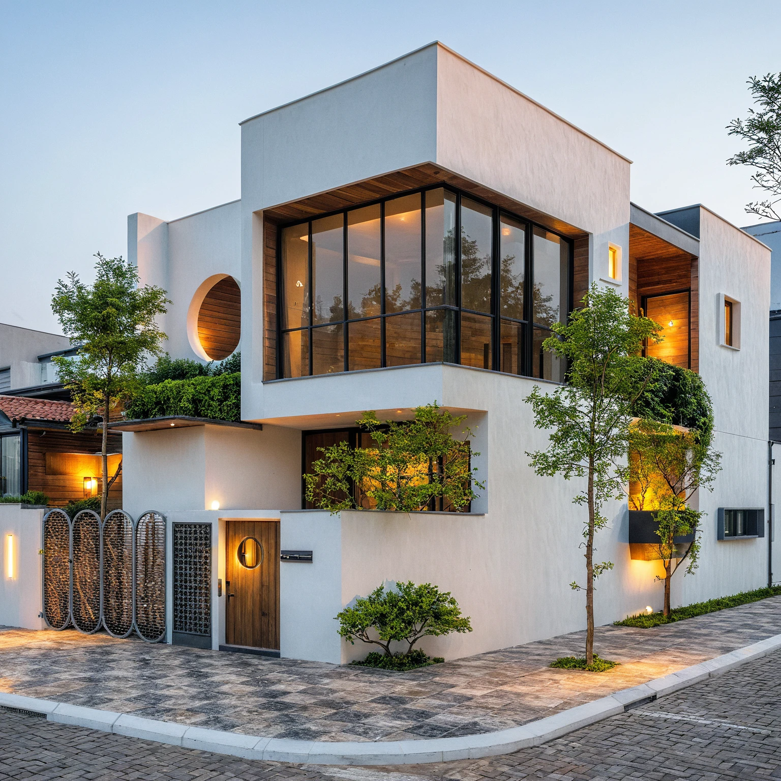 Masterpiece, high quality, best quality, authentic, super detailed, outdoor, aiaigroup, modern townhouse style, stairs, white wall combined with wood, wind encaustic tiles, iron gate, conwood ceiling, flowers, path, summer evening, grass, trees, sky, clouds, (daylight: 1.1)