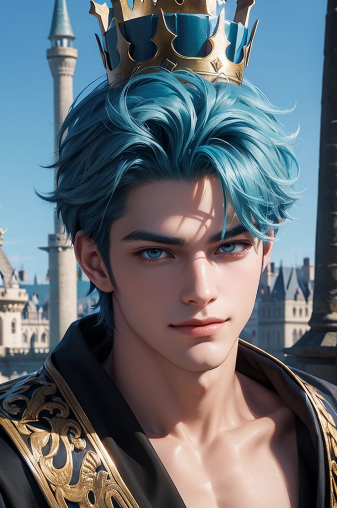 handsome 25 year old King with shaggy blue hair wearing a crown, castle background, hd, 3d, anime, unreal engine, digital art, smirking