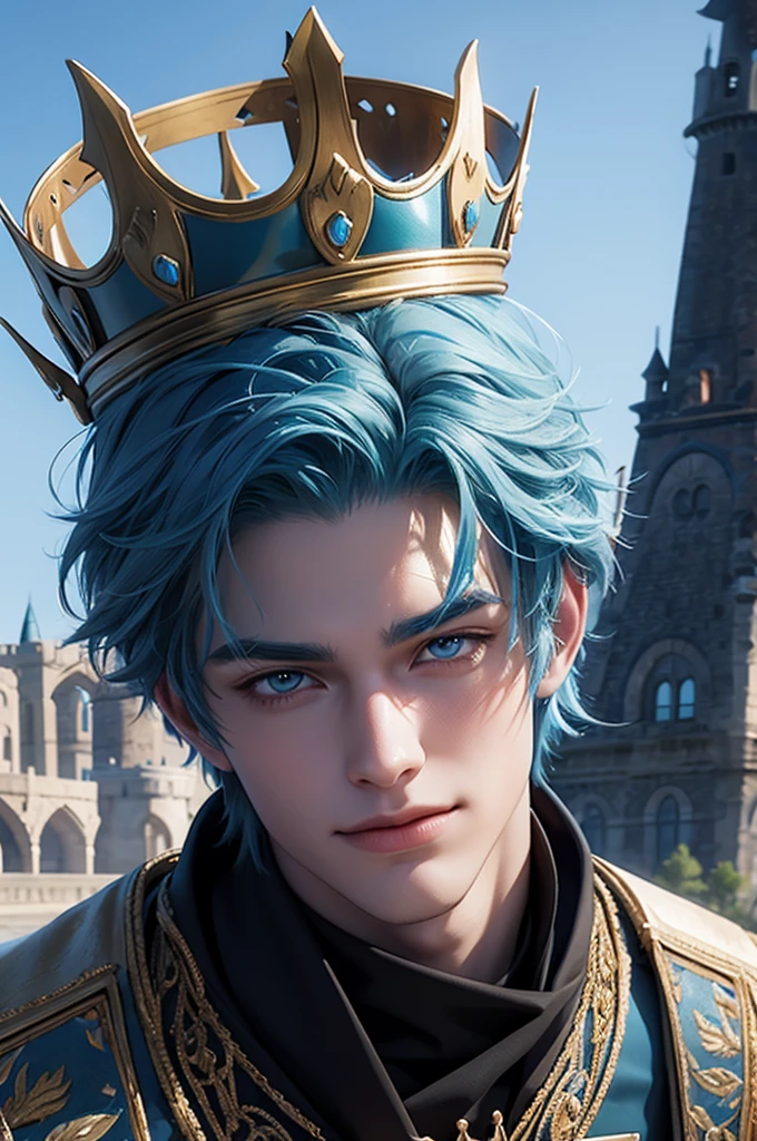 handsome 25 year old King with shaggy blue hair wearing a crown, castle background, hd, 3d, anime, unreal engine, digital art, smirking