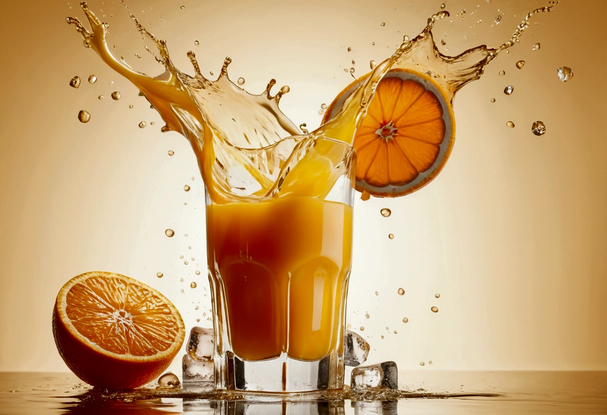 a picture of an orange juice, ice cubes falling into the glass, juice splashing in the elegant cream color background like in a commercial, everything in focus
