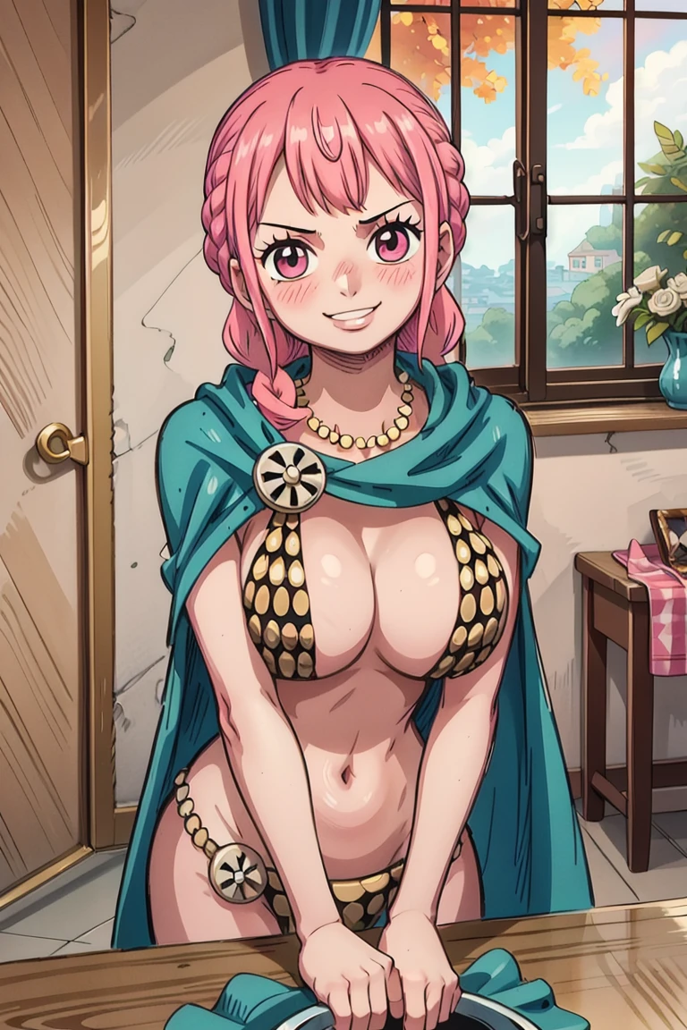 1girl, Rebecca_onepiece, braid pink hair, twin braids, blue cape, bikini armor, , (masterpiece:1.2), highres, best quality, 8k, very clear, room, big breasts, room, indoors, blush, seductive smile, looking at viewer
