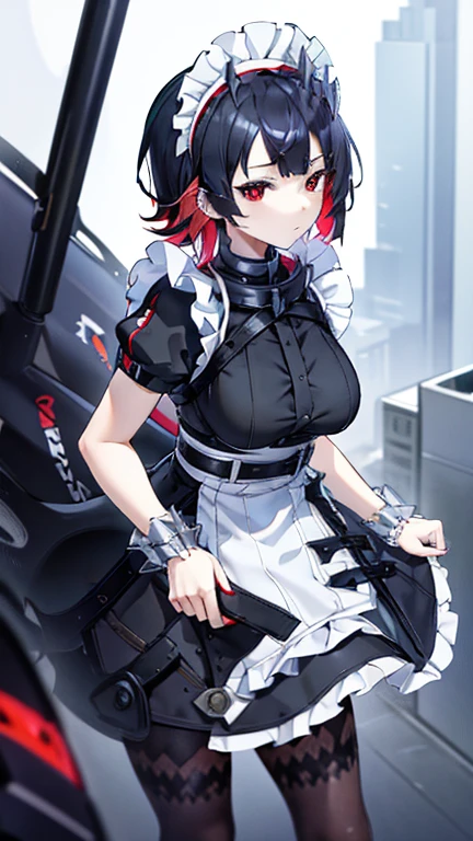 Solo,1girl (big breast) (masterpiece, best quality: 1.2), Ellen Jo, Zenless Zone Zero, alternate costume, maid, shark tail, (shark girl: 0.5), short hair, black hair, red eyes, tail, multicolored hair, black footwear, short sleeves, apron, wrist cuffs, maidheaddress, stockings, nyantchaellen joe, black hair, red hair, colored inner hair, multicolored hair, (red eyes: 1.3), red hair, short hair, two-tone hair, apron, black shirt, ear piercing, arrogant look, like an owner, stand, front shot, middle shot, Cymopunk, modern, sense of technology, on the roof, high-rise buildings