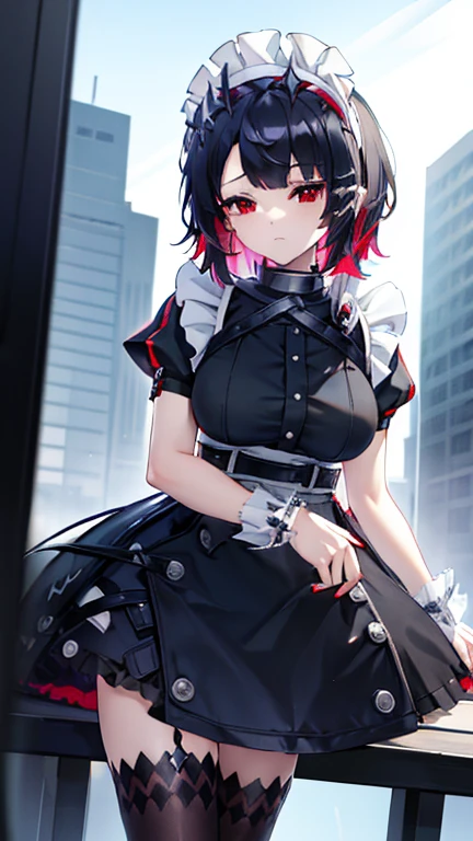 Solo,1girl (big breast) (masterpiece, best quality: 1.2), Ellen Jo, Zenless Zone Zero, alternate costume, maid, shark tail, (shark girl: 0.5), short hair, black hair, red eyes, tail, multicolored hair, black footwear, short sleeves, apron, wrist cuffs, maidheaddress, stockings, nyantchaellen joe, black hair, red hair, colored inner hair, multicolored hair, (red eyes: 1.3), red hair, short hair, two-tone hair, apron, black shirt, ear piercing, arrogant look, like an owner, stand, front shot, middle shot, Cymopunk, modern, sense of technology, on the roof, high-rise buildings