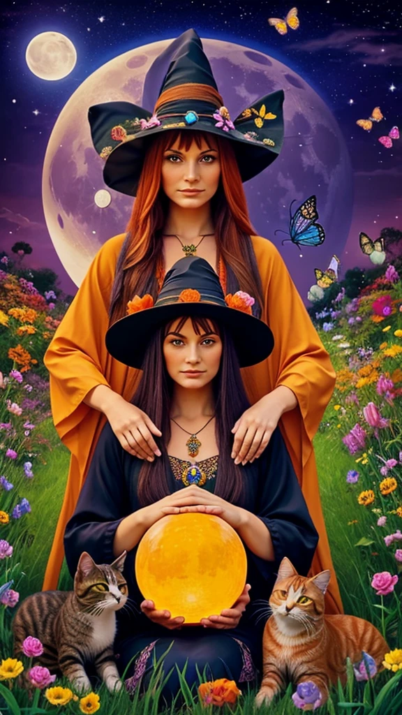 Female Hippie witch wearing pointy hat holding a crystal ball with two cats nearby surrounded by flowers and butterflies with the Moon phase is in the background. One cat is orange stripe with a m on his forehead and the other cat is cream color