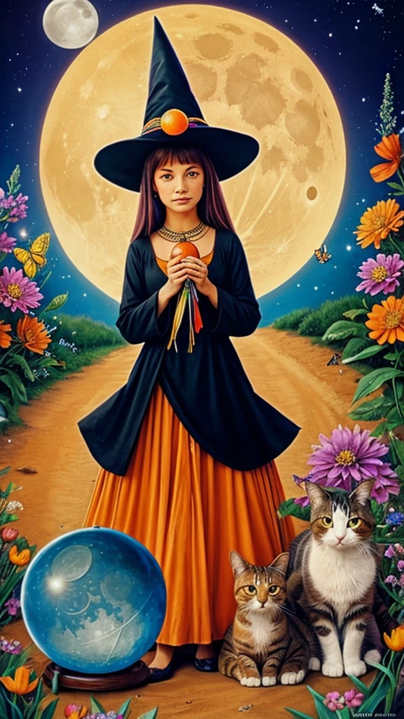 Female Hippie witch wearing pointy hat holding a crystal ball with two cats nearby surrounded by flowers and butterflies with the Moon phase is in the background. One cat is orange stripe with a m on his forehead and the other cat is cream color