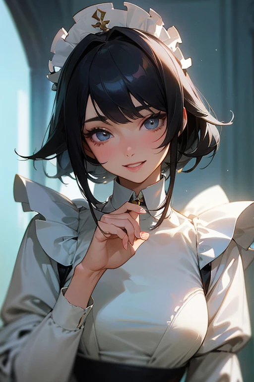 (Highest Resolution, clear_image) Highest quality, single, One woman, alone, masterpiece, Very detailed, Semi-realistic, Black Hairのショートヘア, Black Hair, bangs, 18-year-old, mature, Light blue , Indoor Background, kind, Authoritative, Powerful, exquisite features, exquisite features、Eyelashes become longer、Showing teeth、smile😀、Maid clothes、woman&#39;Fingers in the、Sleeping on the sofa、Long Hair、Fluttering in the wind、