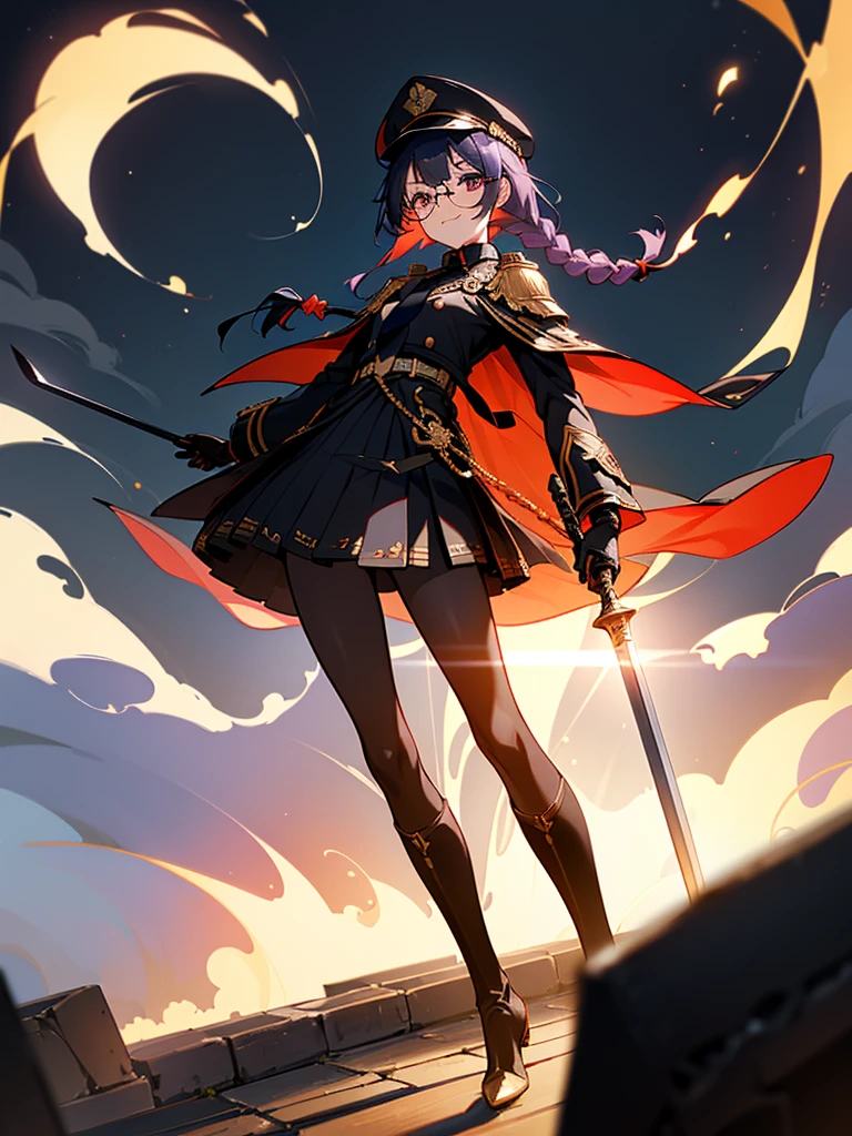 realisitic, City Deserted, Pile of rubble, Brick building, a one woman (18 years old, far away blackw hair, far away slits, Eyes red, glare eyes, 精致的面容, standing (In floor, feet shoulder-width apart), Lolita style military uniform (blackw base, Red Insert, golden decoration, volantes, wide sleeves, dainty and delicate detailing armors), blackw far away gloves (blackw, Red Insert, golden decoration, small hands, armors), blackw far away gloves, knee high boots (blackw, high-heels, red soles), ha (blackw, aba dourada, shield emblem, delicate details), arms in front, Front of belly, Holding military swords with both hands (blackw, golden decoration, delicate detail, Handle at the top, Ground-facing blade, in front of the body, far away), night sky (blackw, stele, Increased flames and smoke) Pale painting style, One Girl, super high quality, Super Detail, Super Detailed image, long hair, looking at viewer, skirt, shirt, hair ornament, violet eyes, gloves, round glasses, long sleeves, hat, closed mouth, jacket, violet hair, braid, open clothes, necktie, black gloves, black skirt, uniform, single braid, open jacket, black jacket, black headwear, 手链, peaked cap, black necktie, cropped jacket, military hat, pantyhose, Flat Chest, smile, Black Cape