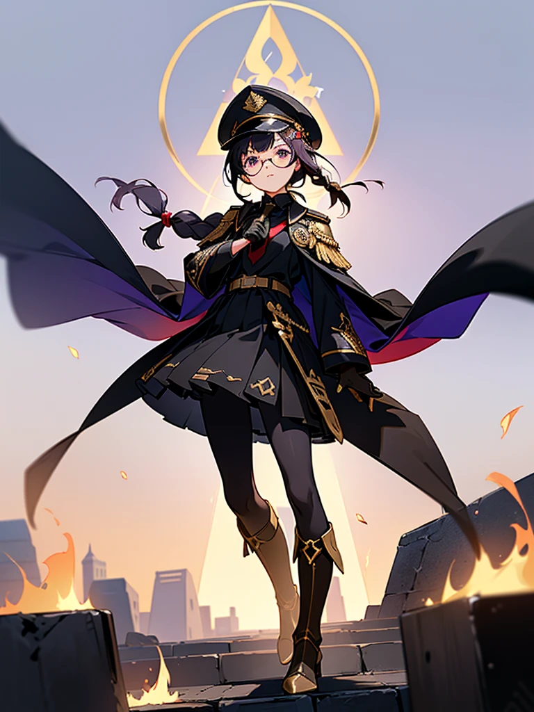 realisitic, City Deserted, Pile of rubble, Brick building, a one woman (18 years old, far away blackw hair, far away slits, Eyes red, glare eyes, 精致的面容, standing (In floor, feet shoulder-width apart), ta style military uniform (blackw base, Red Insert, golden decoration, volantes, wide sleeves, dainty and delicate detailing armors), blackw far away gloves (blackw, Red Insert, golden decoration, small hands, armors), blackw far away gloves, knee high boots (blackw, high-heels, red soles), ha (blackw, aba dourada, shield emblem, delicate details), arms in front, Front of belly, Holding military swords with both hands (blackw, golden decoration, delicate detail, Handle at the top, Ground-facing blade, in front of the body, far away), night sky (blackw, stele, Increased flames and smoke) Pale painting style, One Girl, super high quality, Super Detail, Super Detailed image, long hair, looking at viewer, skirt, shirt, hair ornament, violet eyes, gloves, round glasses, long sleeves, hat, closed mouth, jacket, violet hair, braid, open clothes, necktie, black gloves, black skirt, uniform, single braid, open jacket, black jacket, black headwear, 手链, peaked cap, black necktie, cropped jacket, military hat, pantyhose, Flat Chest, smile, Black Cape
