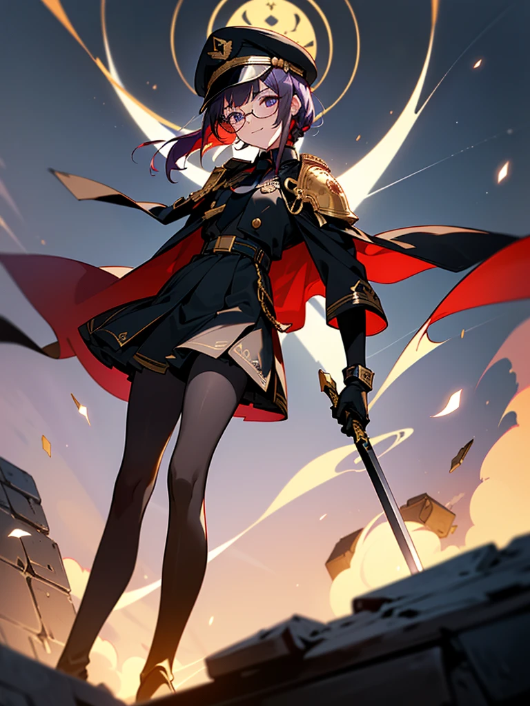 realisitic, City Deserted, Pile of rubble, Brick building, a one woman (18 years old, far away blackw hair, far away slits, Eyes red, glare eyes, 精致的面容, standing (In floor, feet shoulder-width apart), Lolita style military uniform (blackw base, Red Insert, golden decoration, volantes, wide sleeves, dainty and delicate detailing armors), blackw far away gloves (blackw, Red Insert, golden decoration, small hands, armors), blackw far away gloves, knee high boots (blackw, high-heels, red soles), ha (blackw, aba dourada, shield emblem, delicate details), arms in front, Front of belly, Holding military swords with both hands (blackw, golden decoration, delicate detail, Handle at the top, Ground-facing blade, in front of the body, far away), night sky (blackw, stele, Increased flames and smoke) Pale painting style, One Girl, super high quality, Super Detail, Super Detailed image, long hair, looking at viewer, skirt, shirt, hair ornament, violet eyes, gloves, round glasses, long sleeves, hat, closed mouth, jacket, violet hair, braid, open clothes, necktie, black gloves, black skirt, uniform, single braid, open jacket, black jacket, black headwear, 手链, peaked cap, black necktie, cropped jacket, military hat, pantyhose, Flat Chest, smile, Black Cape