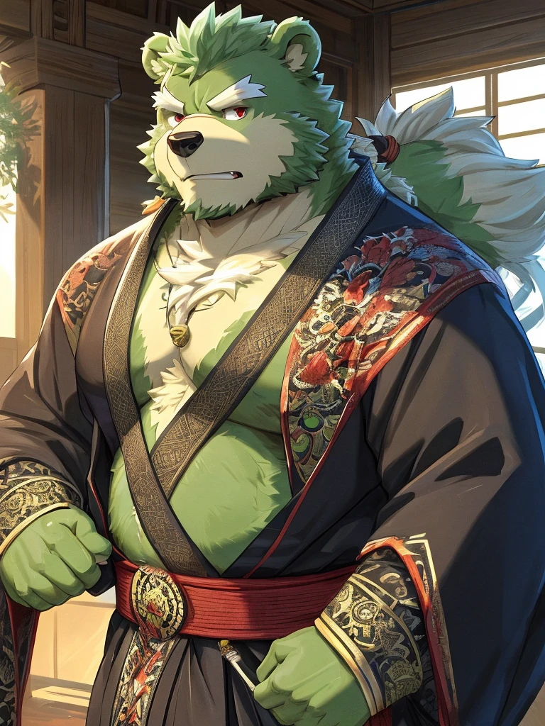 anthro, kemono, male, solo, (((green bear))), (((green fur))), green hair, beard, white eyebrows, mature, sketch drawing, cowboy shot, solo, Perfect red eyes, Cool Pose, Charming, Handsome, Good Looking, tmasterpiece, Best quality at best, hyper-detailing, CG illustration, Proper shading, Best quality,8K,tmasterpiece,Master illustration,rich graphics,1 persons,Thick eyebrows,Gray eyebrows,Real men,Tough guy,A majestic countenance,Sensual posture,punch,bandagens,angry look,Taoist,Taoist robes,robe,Black and white,taichi,Martial artist