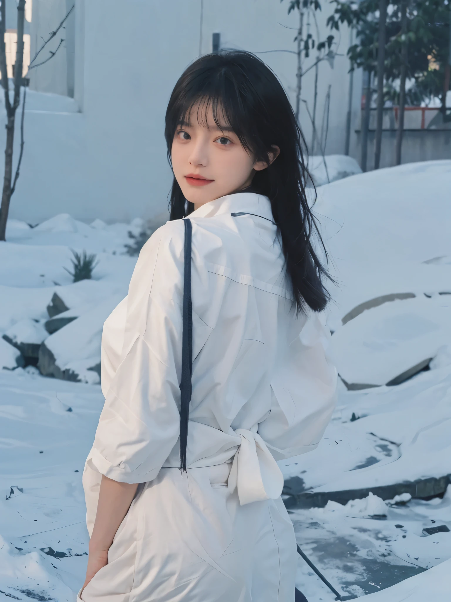 Best quality,masterpiece,Double tail,Ultra-high resolution,snow,16K,Snow background,(Photo Realism:1.4),1 Girl,JK,sexly,(shirt and tie:1.2),(Big breasts:2.3),(Upper body:1.4)