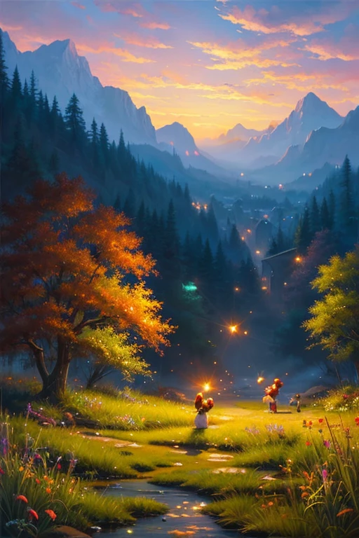 Highest quality、Landscape painting、Scenery of fireflies dancing