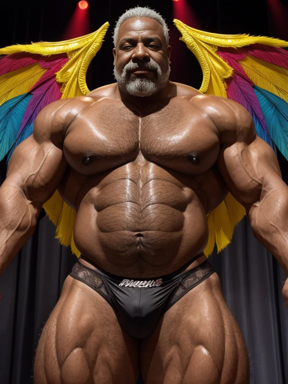 Hyperrealistic image of an African American superhero burlesque dancer with two huge symmetrical rainbow wings very old and very sweaty gray-haired bodybuilder over 80 years old very muscular and fat, more than 200 kilos with a naked torso., large and flaccid pectorals. brown nipples and big gray mustaches with huge tattooed arms dressed in black lace underwear on the stage of a burlesque 