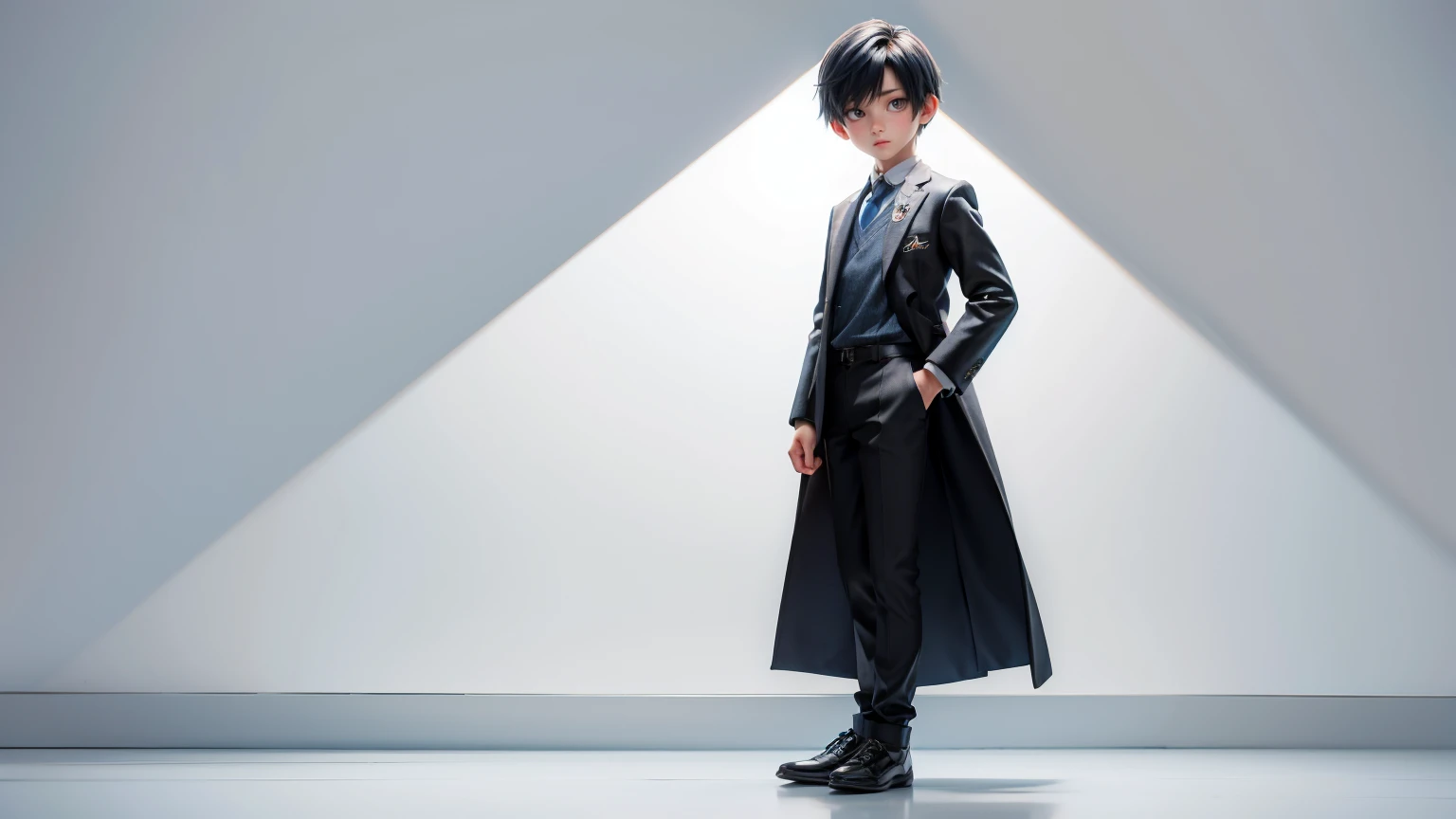 full body straight standing pose boy, 12yo student, Front Full body, blue side style hair, white background, simple white background,