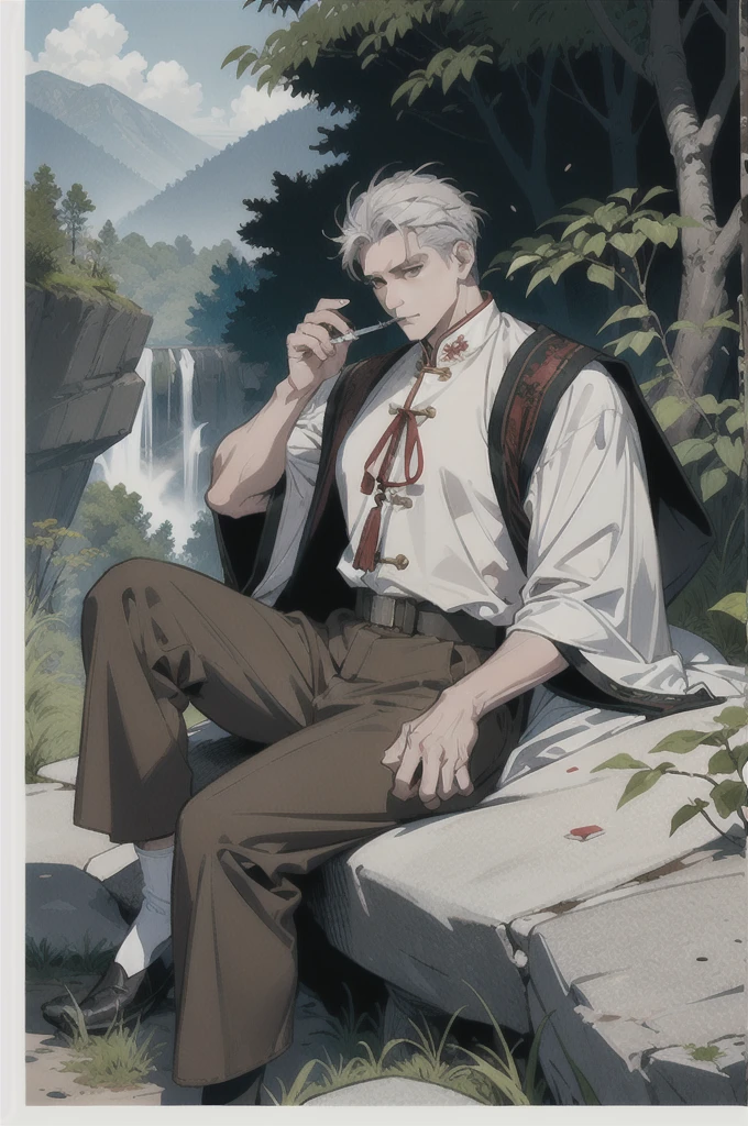 Yuan military white men in their 40s。Gray Hair。Wearing merchant clothing,Wearing a brown cape。Being in the forest。He is sitting on a big rock and smoking a cigarette。