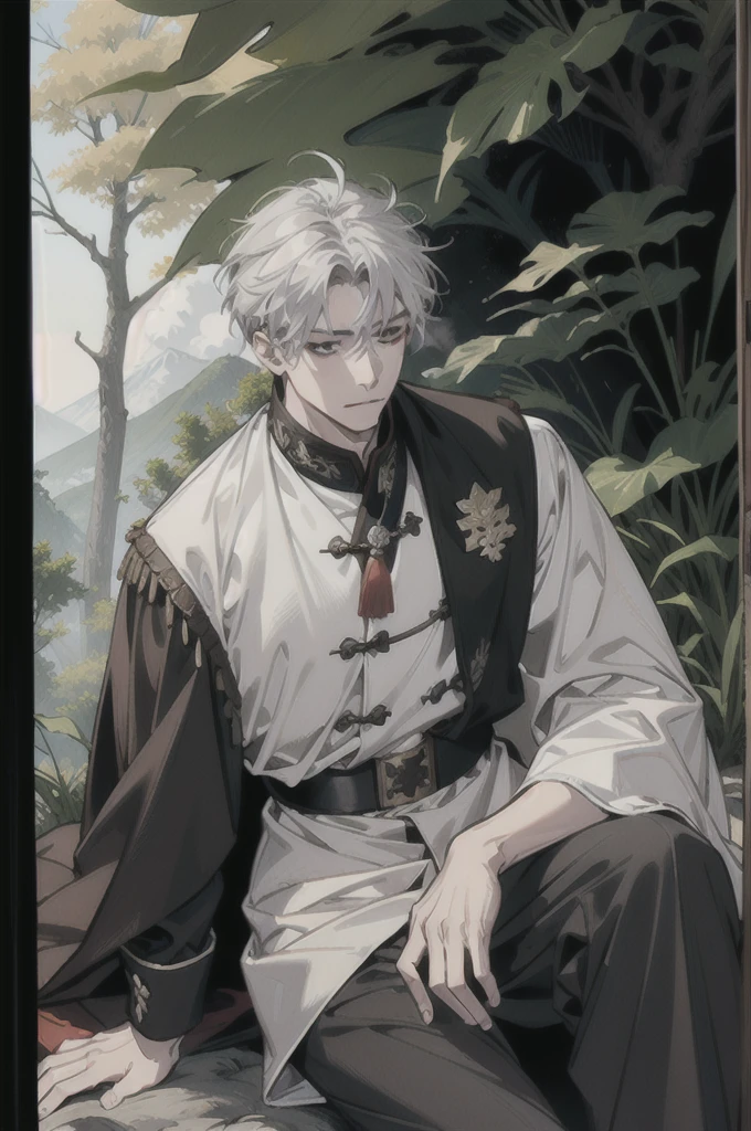 Yuan military white men in their 40s。Gray Hair。Wearing merchant clothing,Wearing a brown cape。Being in the forest。He is sitting on a big rock and smoking a cigarette。