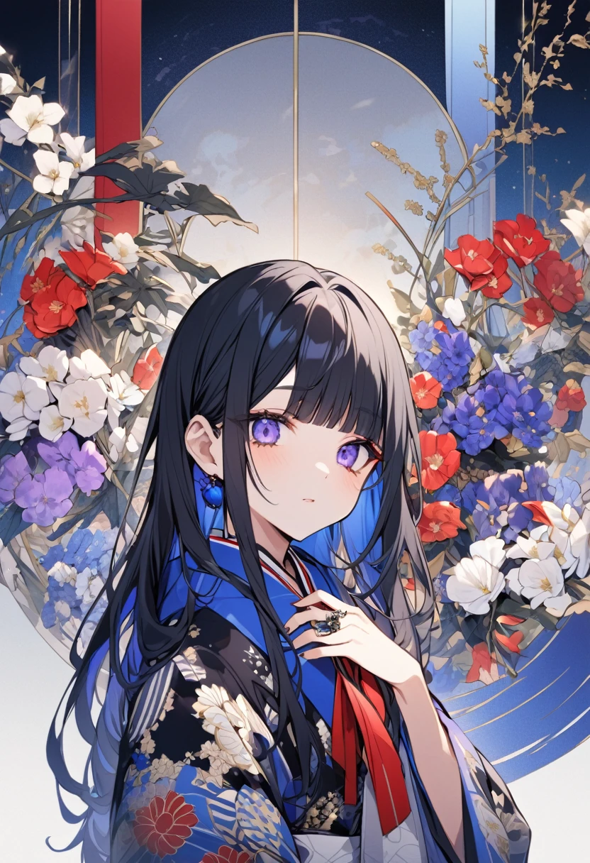 Female
Half white half black hair with red tips on the bangs and other places
Left eye - indigo and violet
Right eye - Blue with a ring in , with a ultramarine blue colour inside
Light blue kimononwith a flower patterned haroi