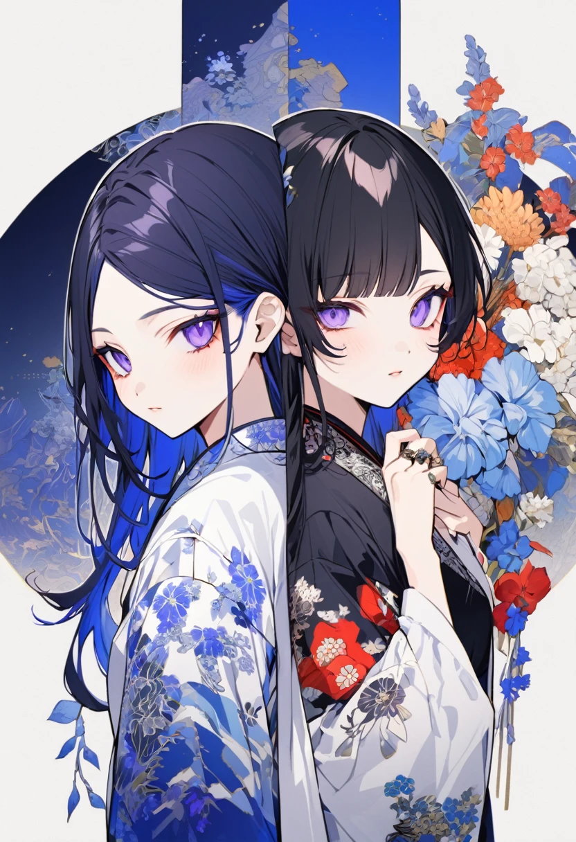 Female
Half white half black hair with red tips on the bangs and other places
Left eye - indigo and violet
Right eye - Blue with a ring in , with a ultramarine blue colour inside
Light blue kimononwith a flower patterned haroi