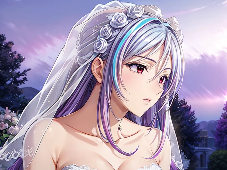 (masterpiece, best quality, beautiful and aesthetic:1.3), look back, side view, 1woman, solo, matured woman, (Silver blue hair streaked purple:1.4), (Gradient sky blue hair ends:1.6), hair strand, absurdly long hair, single sidelock, wavy hair, shiny hair, floating hair, (deep red eyes), delicate eyes, aqua eyes, super high detailed eyes, long upper eyelashes, makeup, Focus on face, Very detailed facial, Perfect breasts, hot body, (Delicate skin texture:1.2), bridal veil, lace-trimmed dress, see-through, wedding dress, outdoors, white roses, garden, morning, standing, extreme detailed,