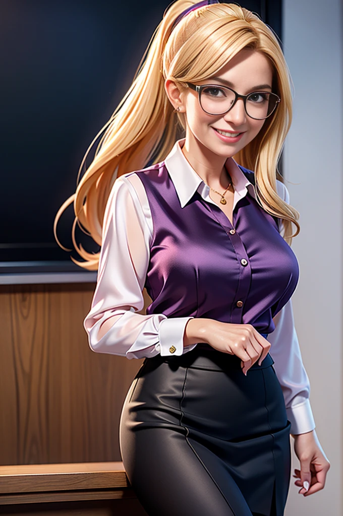 English mature 40 year old woman, beautiful face, masterpiece, HD, photorealistic, smiling, seductive, office wear, wearing office clothes, silk button blouse, pleated silk skirt, sfw, formal, physics based rendering, large breasts, silk leggings, blonde hair, glasses, ponytail