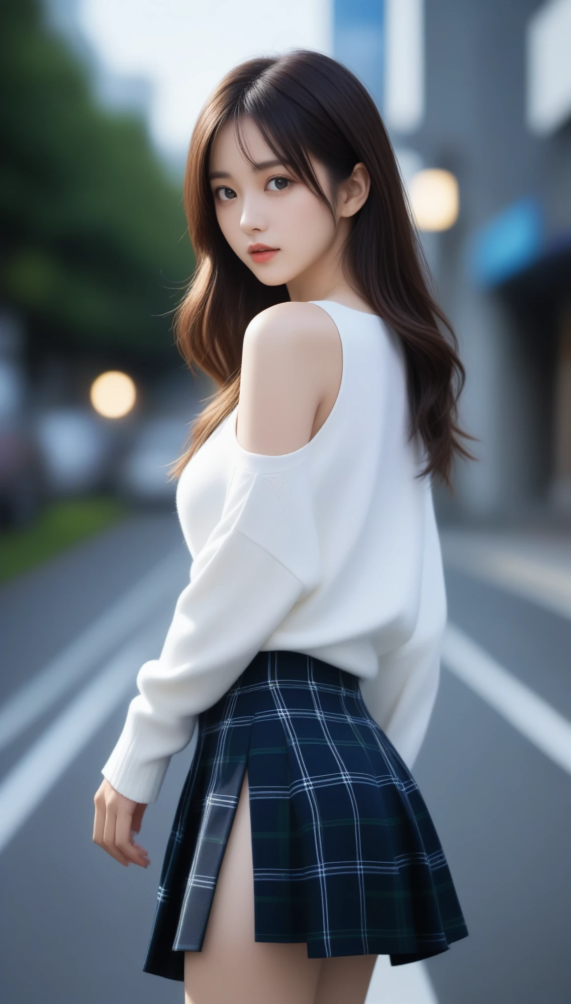 8K, Ultra-high resolution, Highest quality, masterpiece, 三分割法によるphotograph,Surreal, photograph, 1 Girl, (:1.3), pretty girl, Cute face, Beautiful eyes in every detail, 細かくdetailedに,masterpiece,One Girl:1.2, Japan Female Announcer,whole body,from below,Fearful expression,Black Hair,Messy hair,Cyber city of the near future,Wearing a cardigan sweater on your back、A girl alone in the middle of the road, Tartan check pencil skirt, White knee-high socks and black shoes,Beautiful leg line beauty,Realistic Skin, Perfect and beautiful face ,完璧でCute face, Skin with attention to detail, Perfect limbs、Narrow waist、Thin legs),Looking at the audience、beauty,Long neck、(((Ideal body type))),A cup small breasts :2,Portraiture:2,Perfect Anatomy,鮮明なdetailed,detailed,Surreal,Light and shadow,darkness