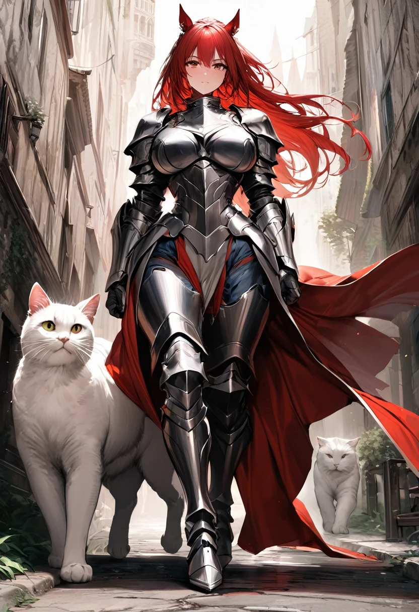aarafed a picture of knight with her ((epic huge cat: 1.3)) walking near her in fantasy street, an ((cat big as a horse)), the cat is wearing armor ready for battle, dynamic color cat BREAK a human knight, full body, ((anatomically correct: 1.5) walking near him, female knight, red hair, long hair, hair in a pony tail, wearing knight's armor, decorated armor, high heeled boots, Hyperrealism style, vibrant, Ultra-high resolution, High Contrast, (masterpiece:1.5), highest quality, Best aesthetics), best details, best quality, highres, ultra wide angle, 16k, [ultra detailed], masterpiece, best quality, (extremely detailed) RAW, ArmoredDress