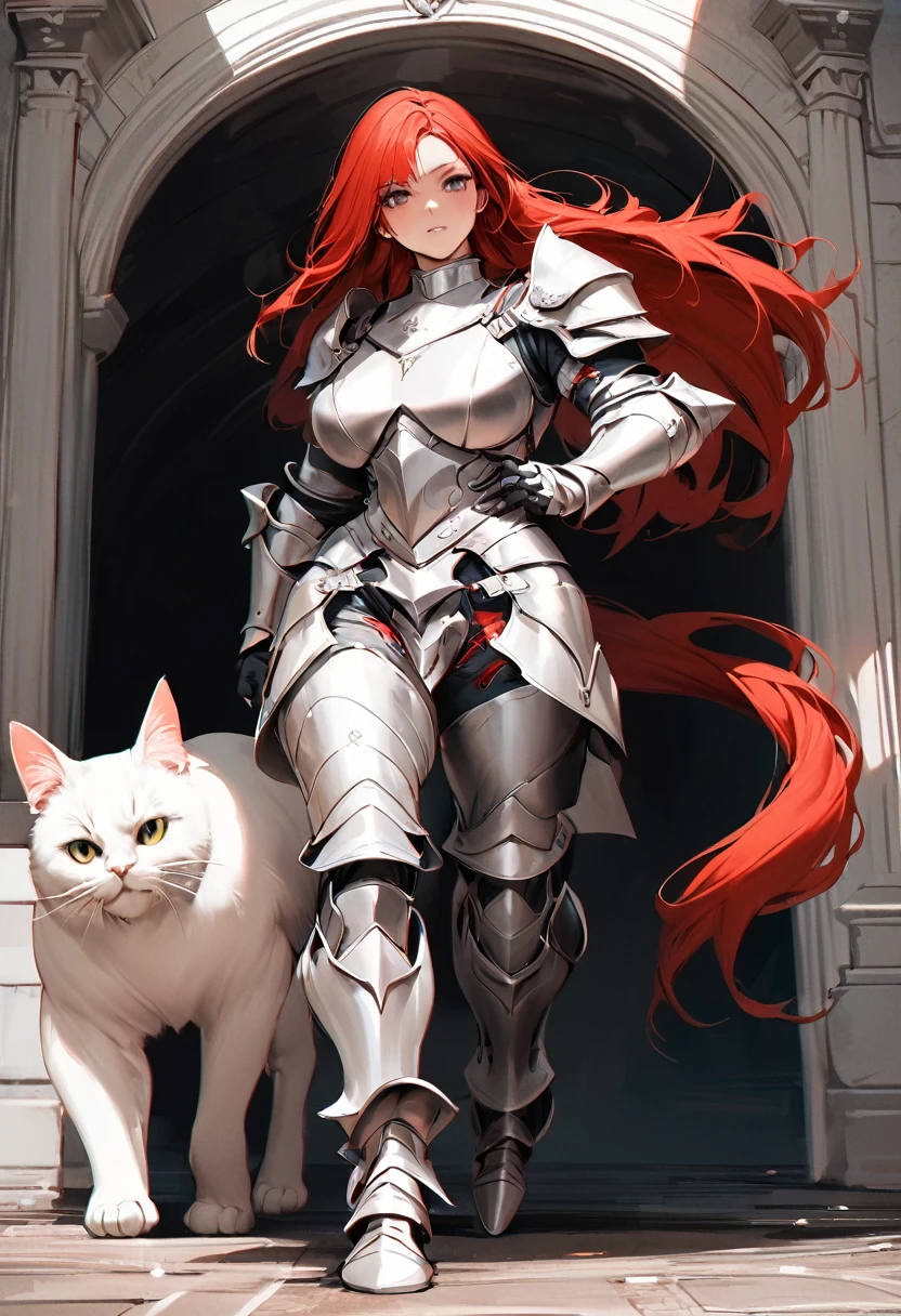 aarafed a picture of knight with her ((epic huge cat: 1.3)) walking near her in fantasy street, an ((cat big as a horse)), the cat is wearing armor ready for battle, dynamic color cat BREAK a human knight, full body, ((anatomically correct: 1.5) walking near him, female knight, red hair, long hair, hair in a pony tail, wearing knight's armor, decorated armor, high heeled boots, Hyperrealism style, vibrant, Ultra-high resolution, High Contrast, (masterpiece:1.5), highest quality, Best aesthetics), best details, best quality, highres, ultra wide angle, 16k, [ultra detailed], masterpiece, best quality, (extremely detailed) RAW, ArmoredDress