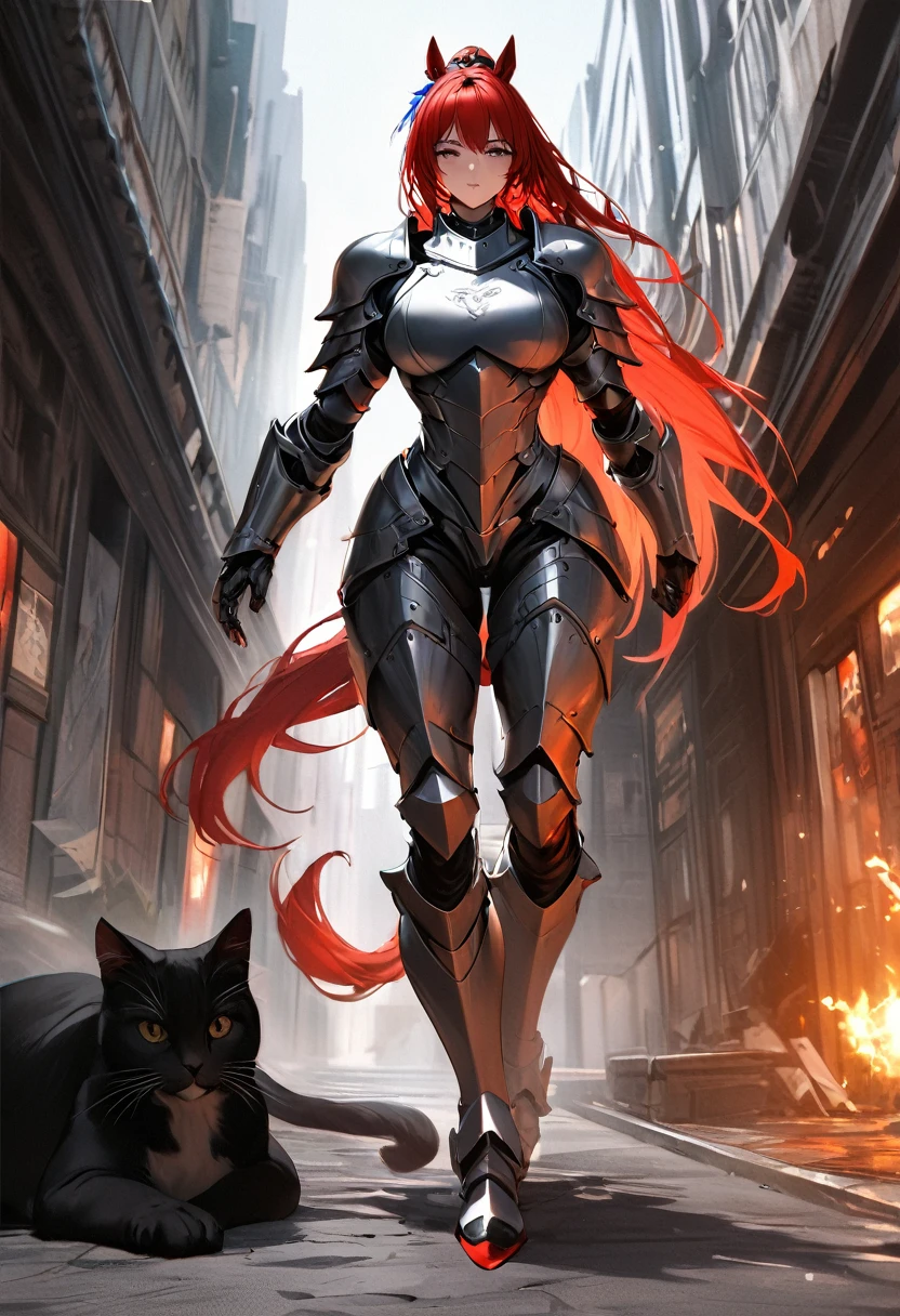 aarafed a picture of knight with her ((epic huge cat: 1.3)) walking near her in fantasy street, an ((cat big as a horse)), the cat is wearing armor ready for battle, dynamic color cat BREAK a human knight, full body, ((anatomically correct: 1.5) walking near him, female knight, red hair, long hair, hair in a pony tail, wearing knight's armor, decorated armor, high heeled boots, Hyperrealism style, vibrant, Ultra-high resolution, High Contrast, (masterpiece:1.5), highest quality, Best aesthetics), best details, best quality, highres, ultra wide angle, 16k, [ultra detailed], masterpiece, best quality, (extremely detailed) RAW, ArmoredDress