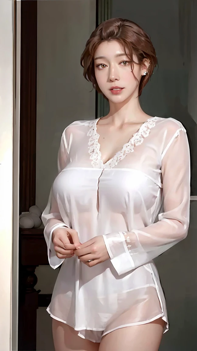 ((((masterpiece, best quality, high resolution)))), very detailed 8K, Beautiful girl with voluptuous body, ((cameo)), (Ultra HD, very detailed, very detailed, very realistic, surreal, realistic photo), (Realistic redhead), (short wavy hair, bob cut, earring), (dynamic pose), towards the camera, looking at viewer, (embarrassing, laugh), (Huge, perky breasts),big bust, Enough fragmentation, (round and firm breasts), talented, perfectly shaped bust, (Beautiful and detailed face, excited expression, fascinating look, Lustful eyes, reddened cheeks, chapped lips, beautiful and delicate eyes), ((섹시한 투명 Pajamas)), (((see through))) Pajamas, Delicate lace details, reveal curves, (rising), sweat, glow, (sunlight, sunlight), ((cowboy shot)), Beach, fascinating, naughty